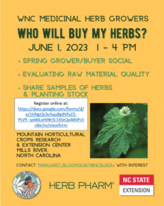 Flier for June 1, 2023 Herb Buyer-Grower event with picture of goldenseal