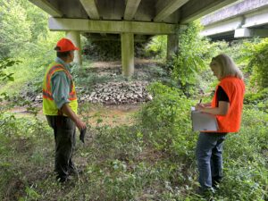 Assessing wildlife passage under a bridge.